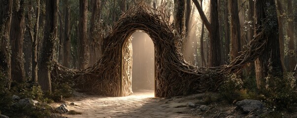 Naklejka premium A mystical archway made of twigs and branches stands in a sunlit forest, inviting exploration into an enchanting woodland.