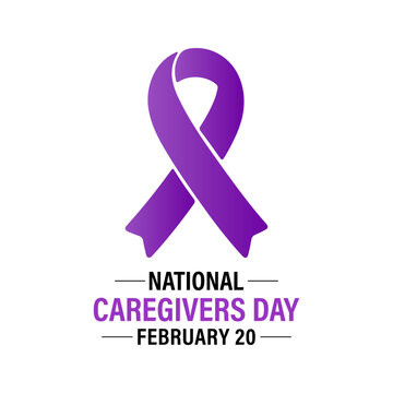 National Caregivers Day awareness design featuring a purple ribbon with a heart and hand symbol. Banner poster, flyer and background design template. Vector illustration. Eps 10.