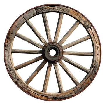 Broken Wooden Wagon Wheel with Missing Pieces, Angled Side View, Isolated
