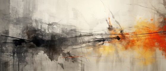 Abstract grunge artwork with black grey orange and yellow brushstrokes and lines on a light