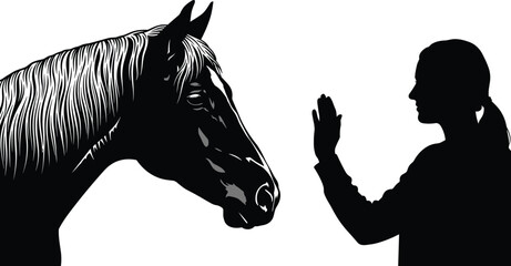 Silhouette of horse and woman interacting in peaceful moment, black and white vector for animal communication, trust, and companionship themes © Eyaruna's World