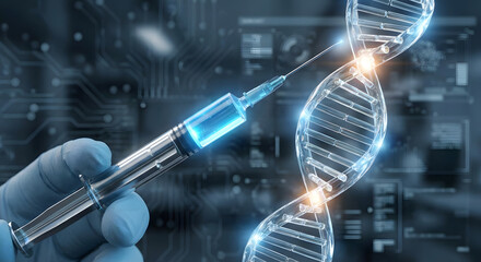 A gloved hand holds a syringe with blue liquid, pointing towards a glowing DNA double helix and circuit board background, symbolizing genetic engineering , DNA analyse