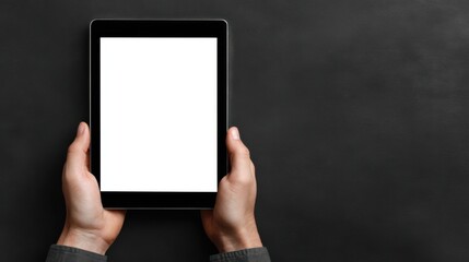 a person holding a tablet with a white screen