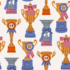 Winning Cup set. Gold, silver, bronze awards, ribbon prize medals. Trophy, winner, ceremony, champion, achievement, victory, success concept. Hand drawn Vector illustration. Square seamless Pattern