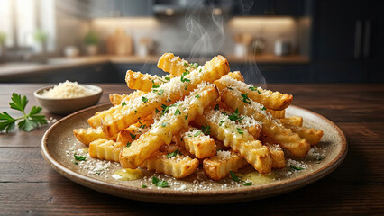 Steaming hot garlic parmesan french fries with melted cheese and herbs on a rustic wooden table