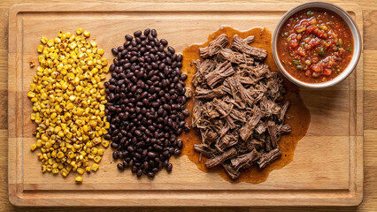 Ingredients for Mexican tacos with shredded beef, black beans, corn and salsa on a wooden board