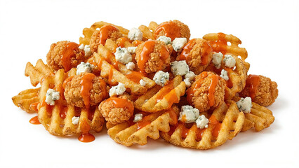 Loaded waffle fries with buffalo popcorn chicken and blue cheese isolated on white background