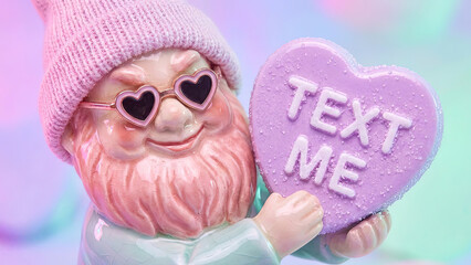 Funny garden gnome with heart sunglasses holding a Text Me candy heart for Valentine's Day on a pastel background