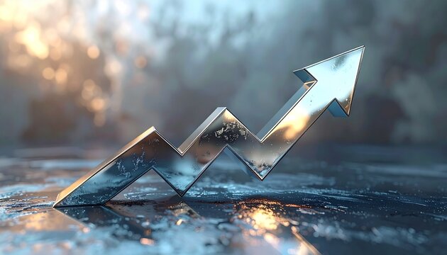 A shiny metallic 3D arrow points upwards symbolizing growth on wet surface outdoors - Powered by Adobe