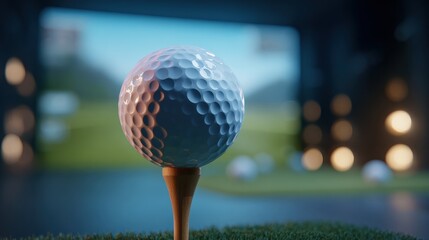 A close-up of a golf ball on a tee with a blurred background of a virtual golf course, emphasizing the sport's technological integration.