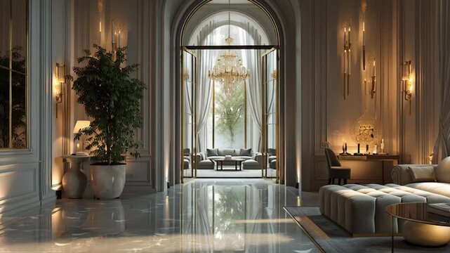 Luxurious interior design with arched doorway and elegant decor.