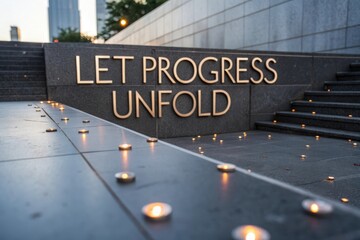 Words Progress Unfold on Dark Surface with Metallic Finish and Candles