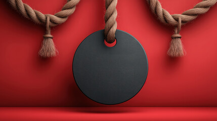 Black friday sale circle tag banner with hanging rope on red background for retail promotion