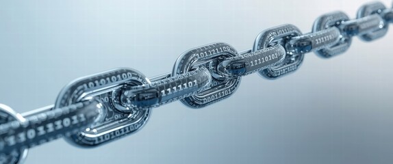 Blockchain digital security concept with binary code on connected metallic chain links