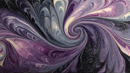 Swirling violet marble texture with gray and black streaks and gold dust flecks abstract background