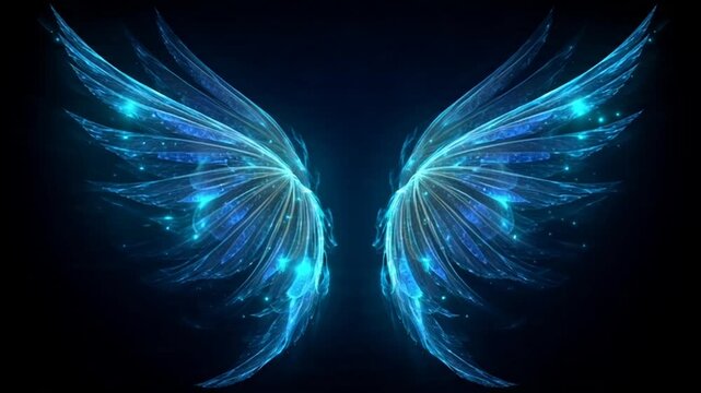 Glowing blue angel wings on a dark background with vibrant light effects.
