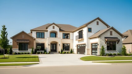 Luxurious suburban home with manicured lawn and driveway