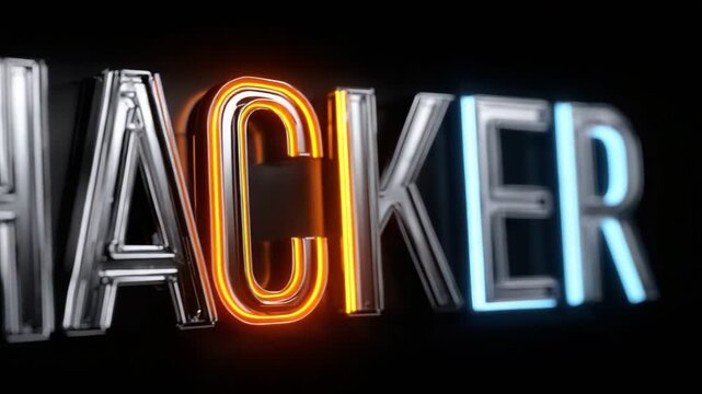 A close-up view of neon text that reads 'HACKER' in glowing letters. The vibrant colors emphasize the digital world and cybersecurity themes, creating a modern, dynamic atmosphere.