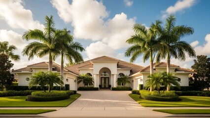 Luxurious suburban home with palm trees and tropical landscaping