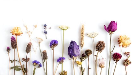 Dried flower arrangement on white background, floral flat lay.
