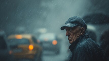 Old sad alone man in a cap walking in heavy rain on city street, with blurred cars in background. Concept of loneliness, hardship, or urban life.