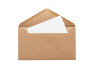 Unopened brown envelope with white paper peeking out isolated on transparent background