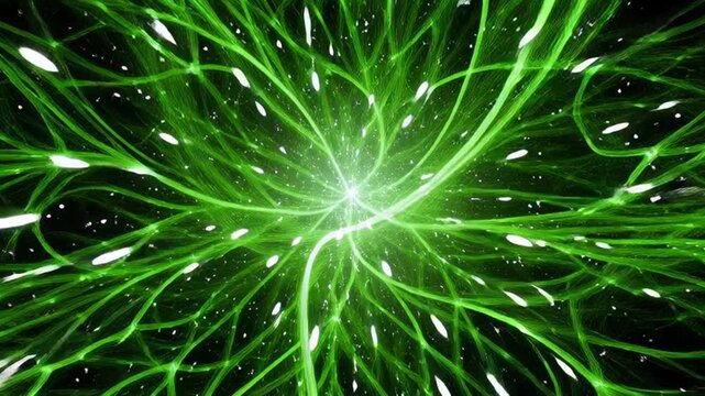 Vibrant green abstract light rays emanating from a central point.