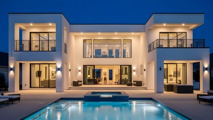 Luxurious modern two story house with pool at dusk