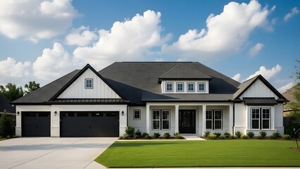 Modern suburban home with white exterior and black roof