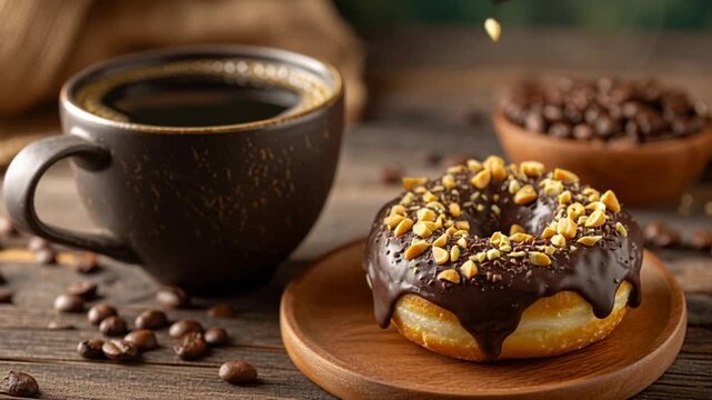 Chocolate donut with nuts and coffee on a wooden table.