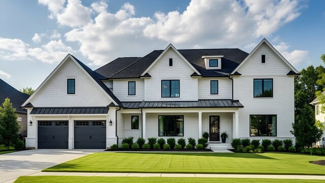 Large white house with black roof and garage