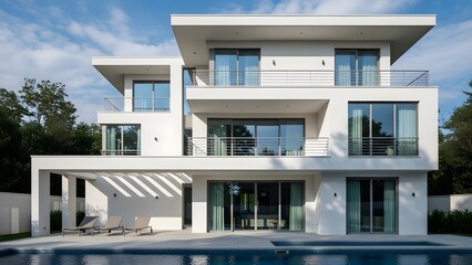 Modern white multi story house with pool and balcony
