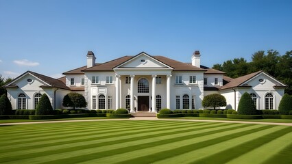 Luxurious white mansion with manicured lawn and classic architecture