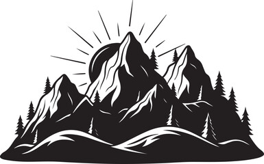 Mountain landscape with sun and trees