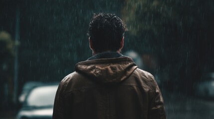 Man standing in the rain, rear back view. Sadness, loneliness, and uncertainty concept. Emotional depression. Rainy weather. Sad alone guy walk. Bad day.