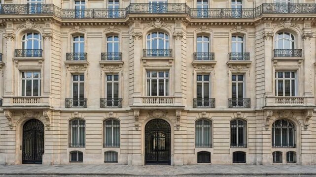Elegant Parisian Building Facade with Ornate Architecture Stone Exterior and Cobblestone Street Under Daylight