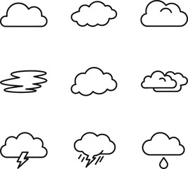 Fototapeta premium Weather Cloud Outline Icons Set with Rain, Thunder and Wind – Vector Illustration