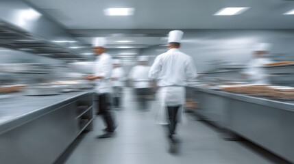 Blurred Motion in a Modern Commercial Kitchen Environment Capturing Dynamic Culinary Activity and Professional Chefs at Work