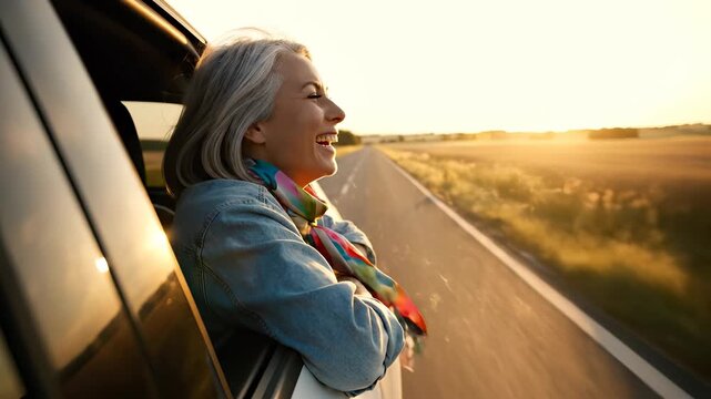 Woman leans out car window. Senior passenger enjoys roadtrip and travel. Smile and freedom feel effortless at sunset. Scenic landscape and warm light suggest relaxed lifestyle. Perfect for marketing.