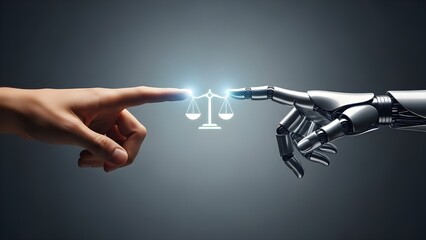Human and robotic hands nearly touching with a glowing justice scale between them, symbolizing ethics, AI, and human-technology balance.