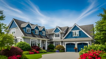 A large blue and white house with a well manicured lawn