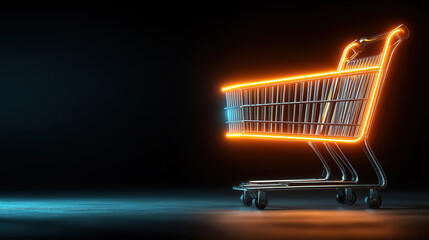 Metal shopping cart with neon glow on dark background for online shopping black friday