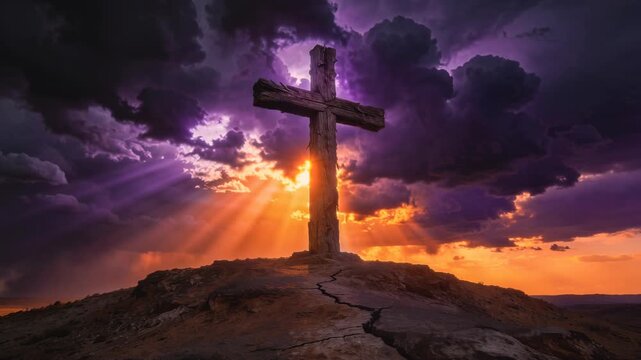 Majestic wooden cross on a rocky hill against a dramatic sunset sky with purple clouds and vibrant sun rays, symbolizing faith, sacrifice, hope, and the resurrection of Jesus Christ