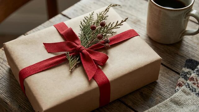 Festive Gift Wrapped in Kraft Paper Tied with Red Ribbon Garnished with Greenery and Berries Beside Cozy Knitted Socks and Coffee Mug on