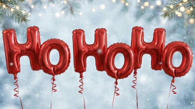 Festive Red HO HO HO Balloons Floating Against A Soft Blue Snowy Winter Background with Twinkling Fairy Lights and Pine Branches Overhead A