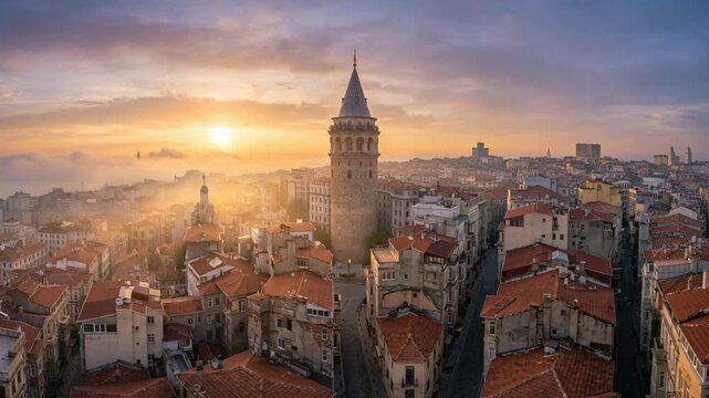 Galata Tower Istanbul Panorama At Sunrise With Golden Light Illuminating Old City Rooftops And Blue Sky Clouds
