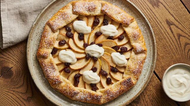 Golden Baked Apple Galette with Creamy Yogurt and Raisins Presented on a Rustic Ceramic Plate with a Napkin on a Wooden Tabletop