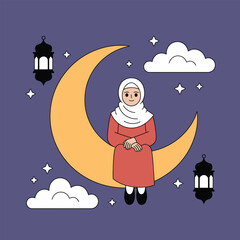 Fototapeta premium A cartoon woman in a hijab sits peacefully on a crescent moon surrounded by clouds and lanterns.