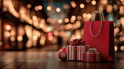 Red shopping bag with Boxing Day Sale on table surrounded by gift boxes and fairy lights