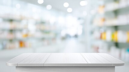 A clean, white wooden table stands in front of a blurred pharmacy aisle filled with products.
